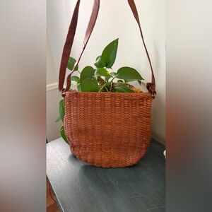 Vilenca holland genuine brown leather woven crossbody HOBO cognac